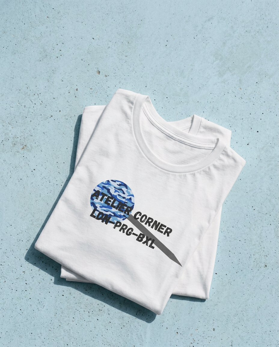 Folded white Atelier Corner t-shirt showing the blue camo disc print