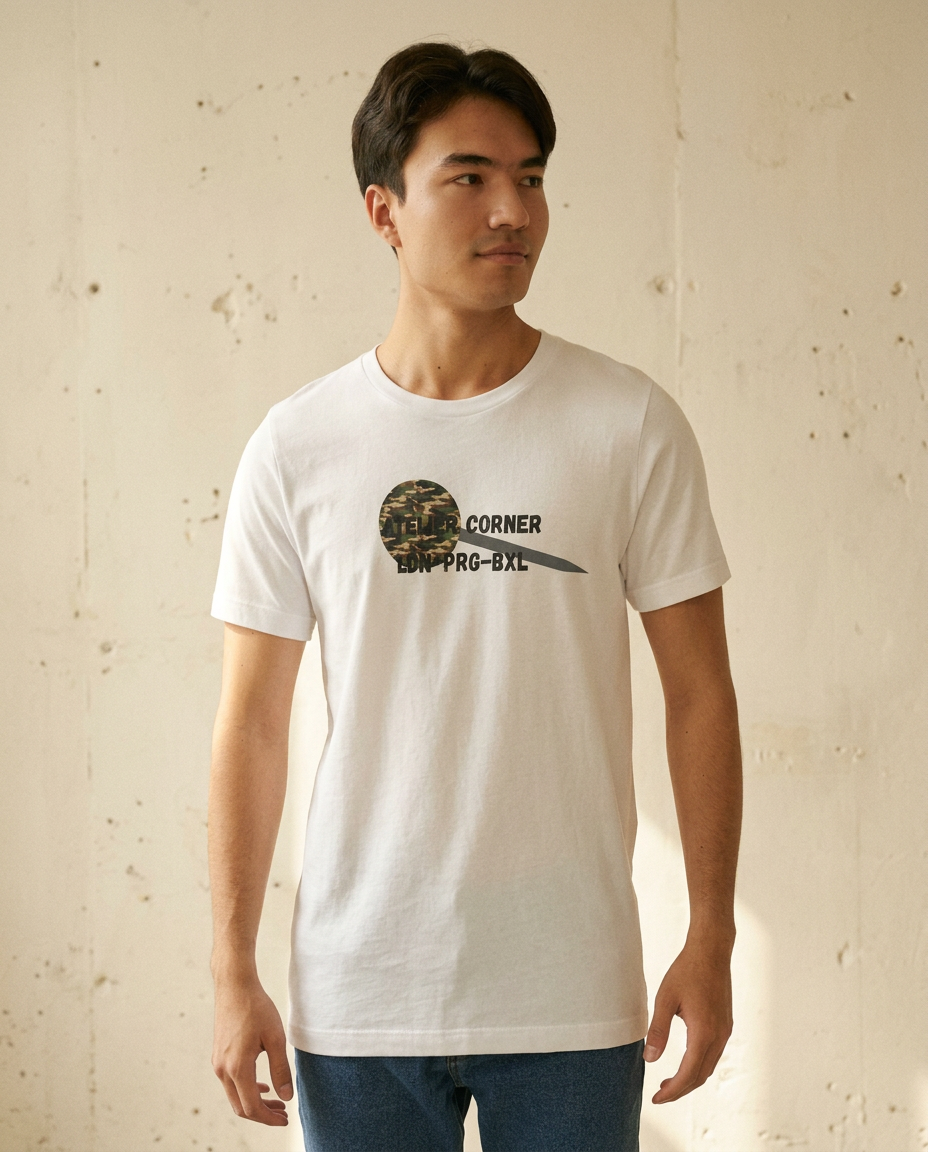 Model wearing the white Atelier Corner t-shirt with the woodland camo disc print