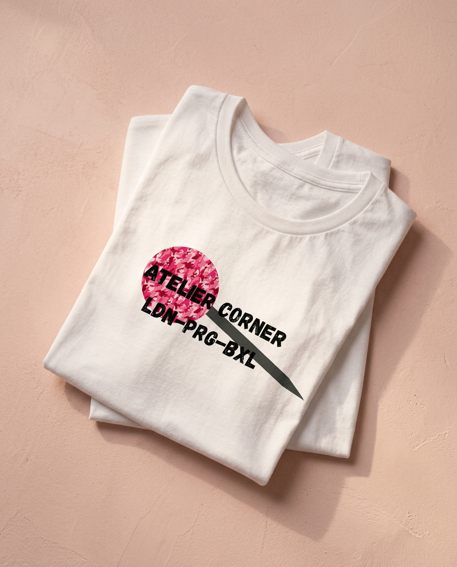 Folded white Atelier Corner t-shirt showing the pink camo disc print