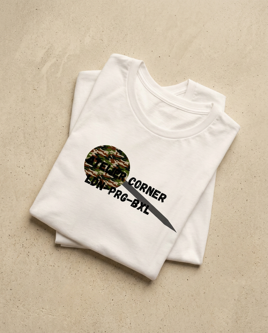 Folded white Atelier Corner t-shirt showing the woodland camo disc print