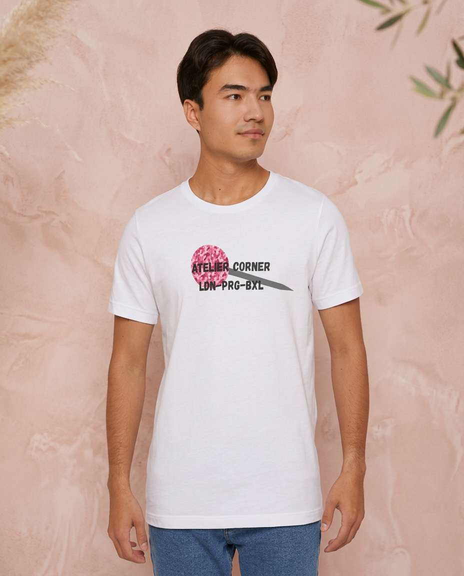 Model wearing the white Atelier Corner t-shirt with the pink camo disc print