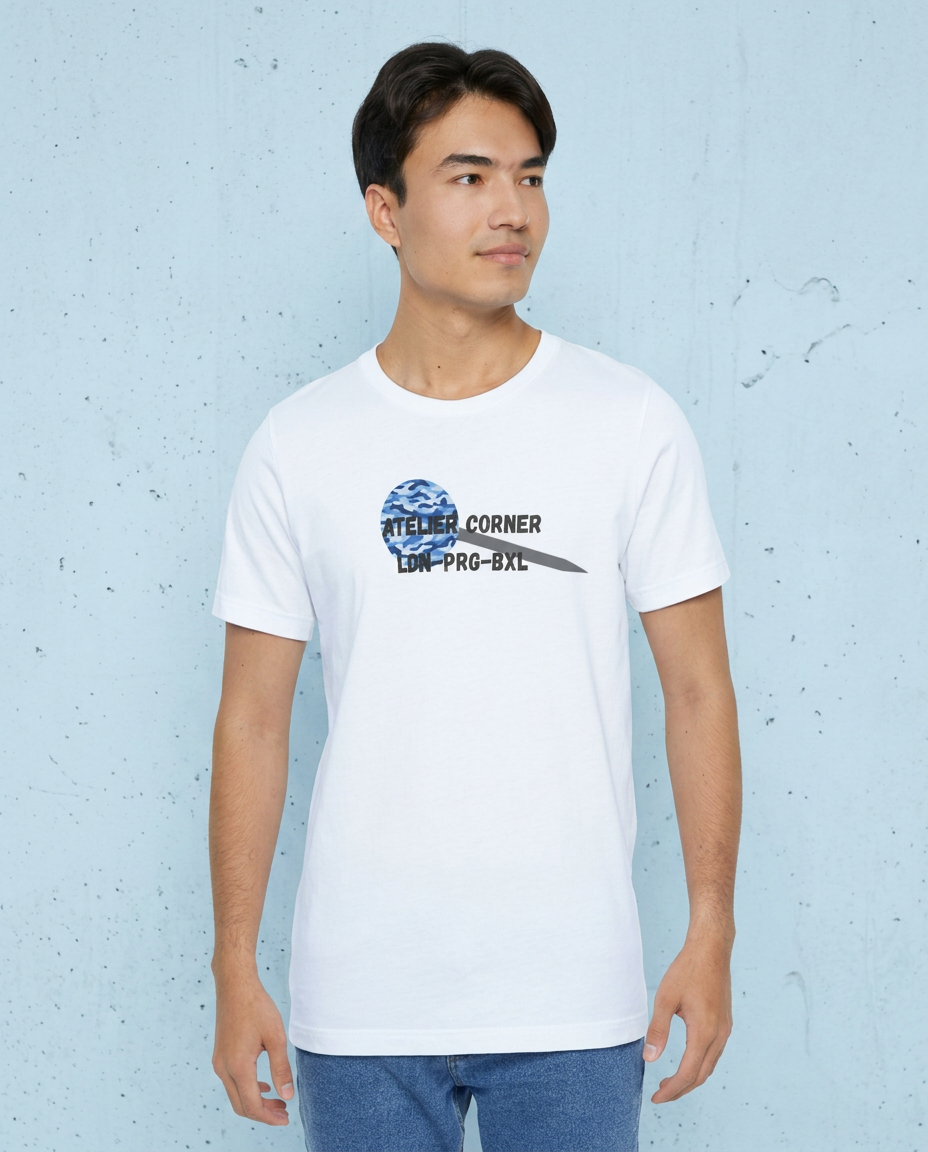 Model wearing the white Atelier Corner t-shirt with the blue camo disc print