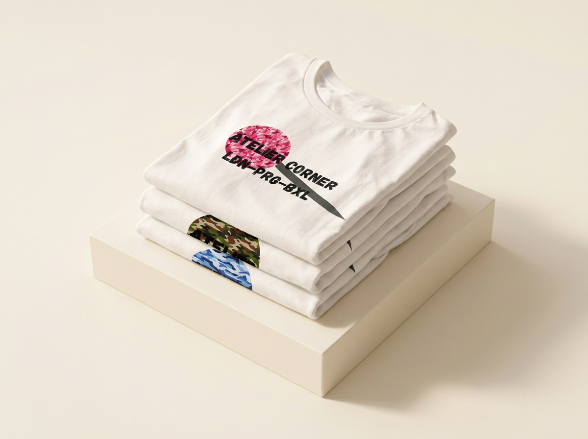 Folded off-white, pink and light blue t-shirts stacked on a concrete block